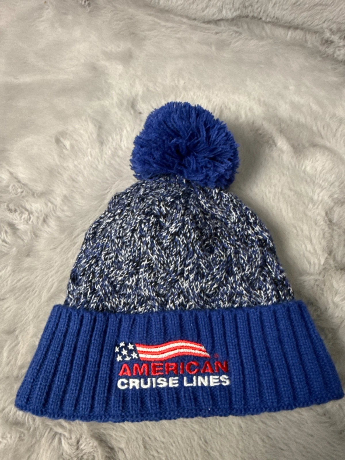 American Cruise Lines Hat Cap Beanie Blue Knit Pom Pom Fleece New Era