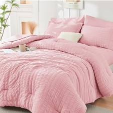 HYMOKEGE Pink Queen Comforter Set Seersucker 7 Pieces, All Season Luxury Bed in