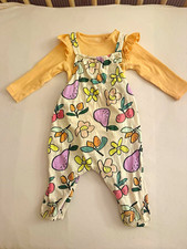 NEXT Baby Girls 2pc Bodysuit & Dungarees Set 3-6 Months Floral Fruit
