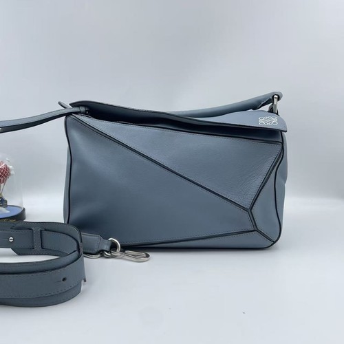 Auth Loewe Puzzle Hobo Medium Steel Blue Calfskin Leather Shoulder Bag