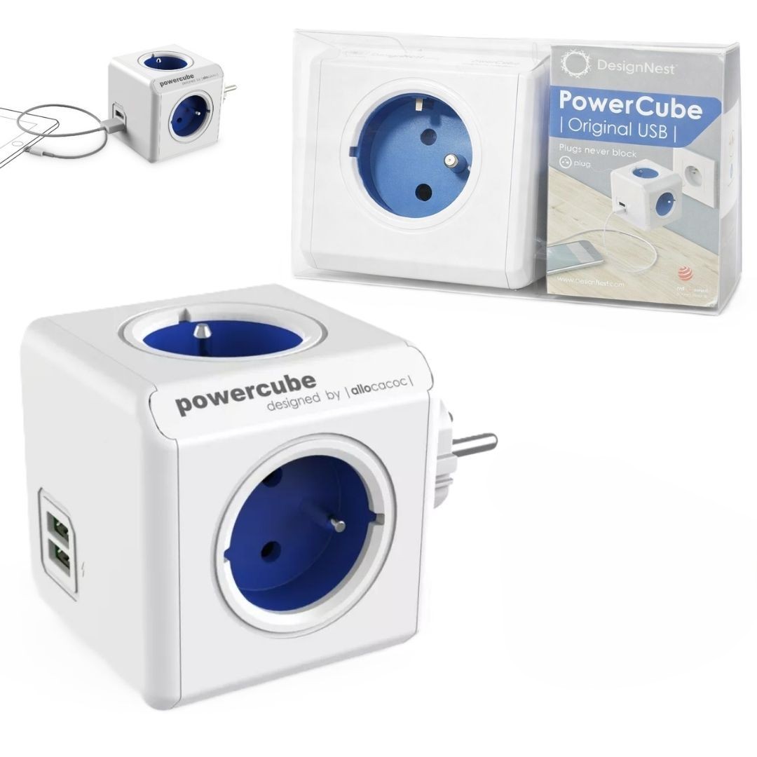 Verteiler mit 4 Steckdosen + 2x USB Allocacoc PowerCube USB Blau