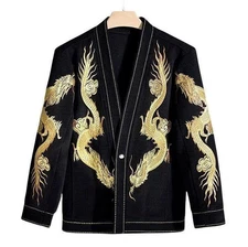 Mens Costume Coat One Button Dinner Jacket Japanese Pattern Embroidery Dragon