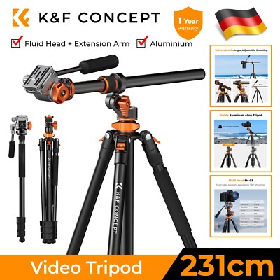 K&F CONCEPT 231cm Video Kamerastativ mit Fluidkopf 90° Mittelsäule Einbeinstativ