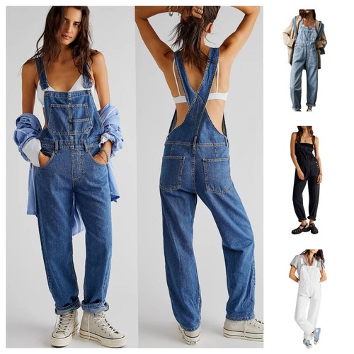 Jeans Latz Hose Damen Teenager Träger Knöpfe Nieten Baumwolle Jeanshose Leger - Bild 1 von 10