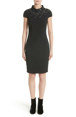 ST. JOHN Collection Black Silver Grommet Funnel High Neck Cady LBD Dress 2 = XS