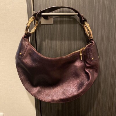 Gucci Tom Ford Leather Burgundy Crescent Hobo Gold Brown Bamboo