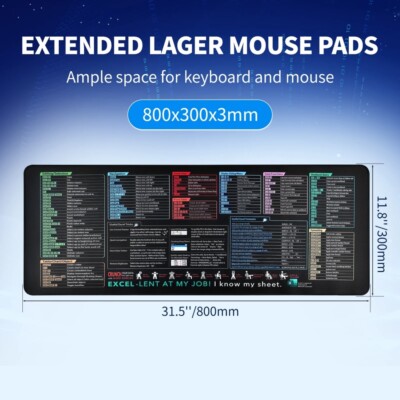 Excel Shortcut Keys Mouse Pad - Upgraded Pro Version, Extended