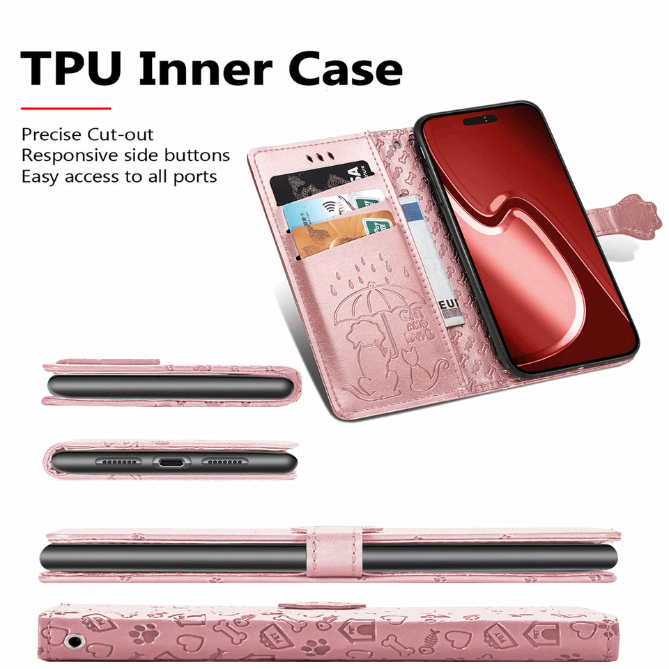 For Various Phone Cute Cat Dog Leather Wallet Case Card Flip Stand Cartoon Cover - Image 4 of 4