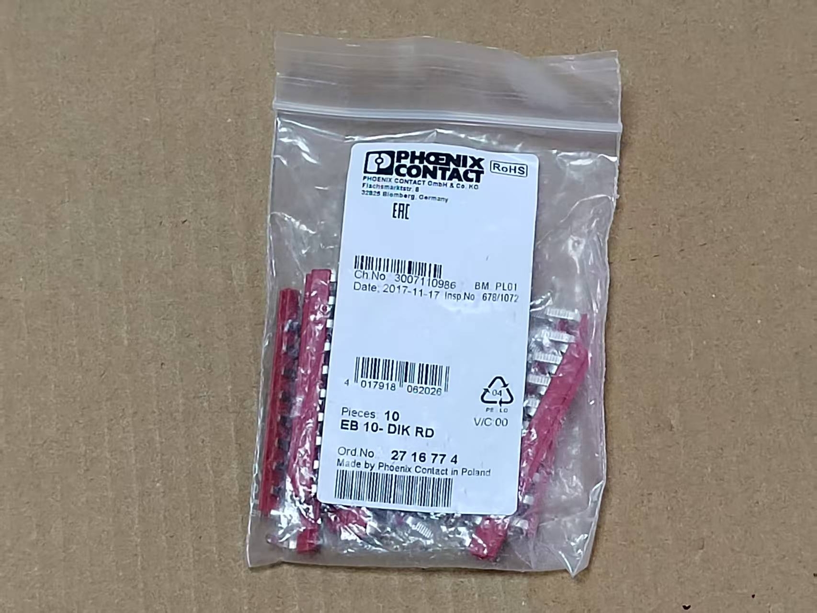 10 pcs Phoenix Contact EB10-DIK RD 2716774 Plug-in bridge