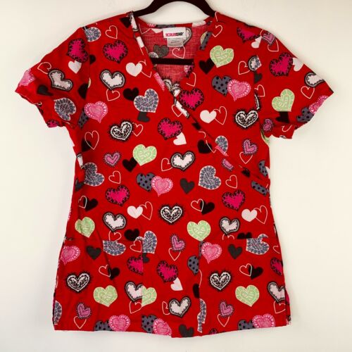 Scrubstar Womens Size XS Red Hearts V-Neck Pockets Stretch Scrub Top  - Picture 1 of 5