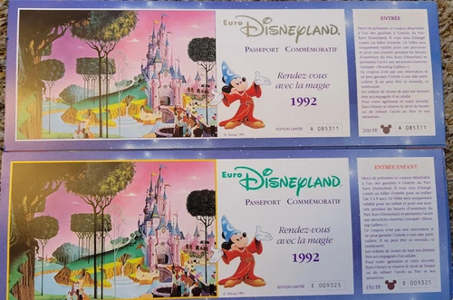 EuroDisney (Disneyland Paris) Two Commerative Opening Pass Tickets Unused