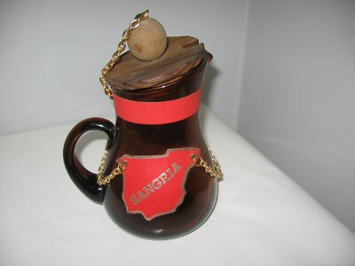 vintage brown amber glass SANGRIA pitcher with gold tone chain