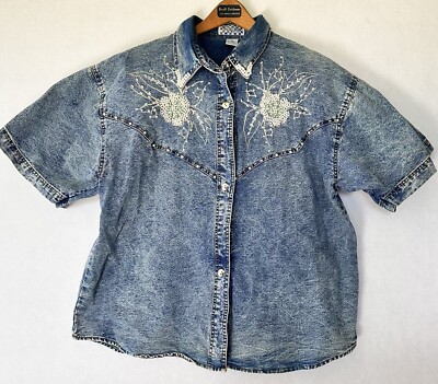 VTG Pretty Bleu Shirt Top Pearls Women’s L Denim 90s Acid Wash Retro