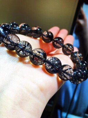 Natural Black Rutilated Quartz Crystal Round Beads Power Bracelet