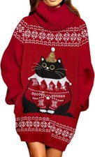 Christmas Cat Ugly Sweater for Women Loose Fit Knit Dress with Pockets