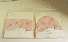NWT Ralph Lauren Baby Girls Pink Floral Layette Cap and Bib One Size