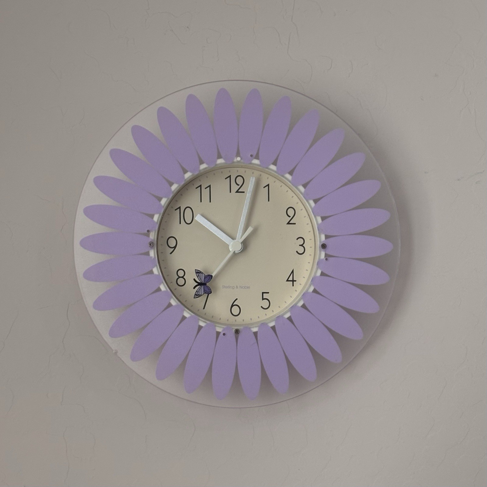 Sterling & Noble Purple Flower Wall Clock Butterfly Hand Arabic Analog WORKS