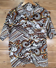 VTG Brown Barkcloth Tribal Floral Hawaiian Shirt Men XL Stain READ