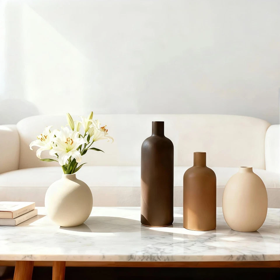 Modern Ceramic Vase Set – 4 Piece Rustic Decorative Vases for Boho Living Roo... - Image 4 of 4