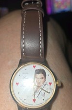 VTG 1977 ELVIS PRESLEY "LOVE ME TENDER" GOLD TONE BROWN LEATHER BAND WATCH WORKS