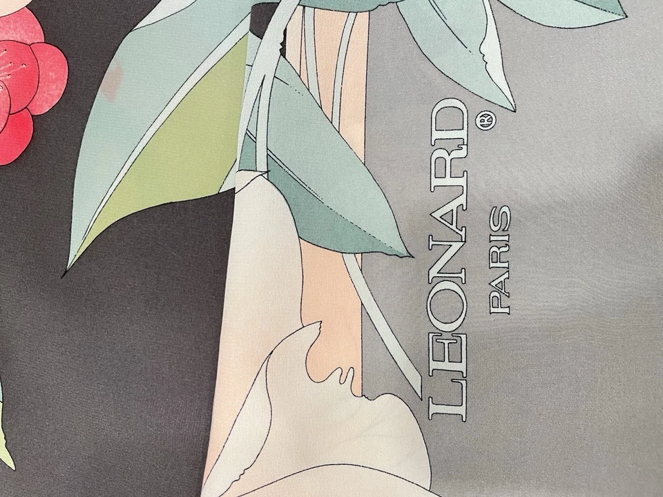 AS8# Leonard Paris Bufanda de Seda Marrón Estampado Floral Diseñador de Lujo Hecho en Francia Foto 4 de 4