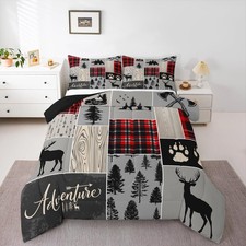 Buffalo Plaid Quilt For Boys Girls, Woodland Bear Moose Comforter Set In Red,...