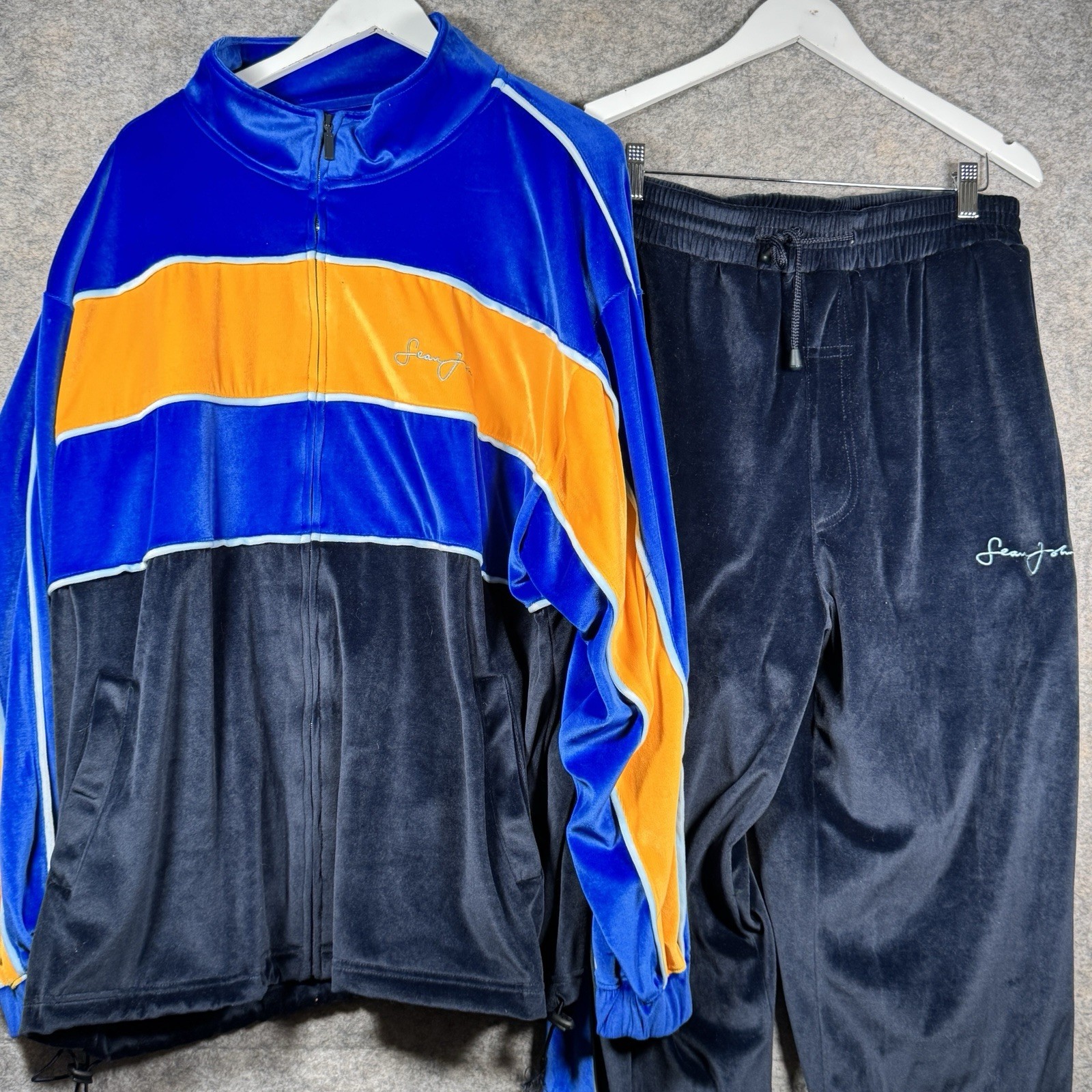 Vintage Y2K Sean John Navy Blue / Yellow Velour Full Tracksuit Mens Size XL