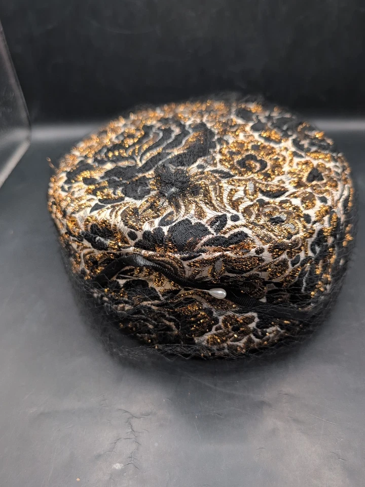 Vintage Royce Exclusive Ladies Pillbox Gold & Black Brocade Hat W/ Netting - Image 3 of 4