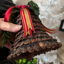 Vtg 6" Large PINE CONE BELL XMAS ORNAMENT Holly Berries RUSTIC Natural Hanging A