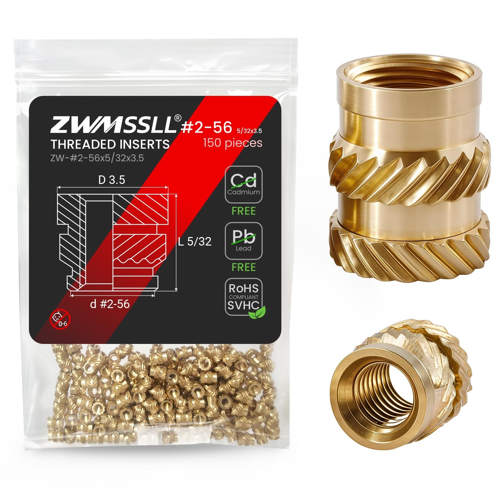 ZWMSSLL #2-56 Heat Set Threaded Inserts,150 Pieces #2-56x5/32x3.5, Gold