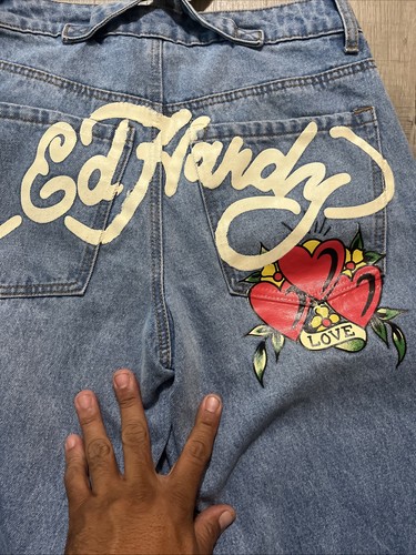 Ed Hardy Women Denim Jeans Wide Leg Y2K Love Graphic Embroidered Logo Size 26x33 - Picture 9 of 10