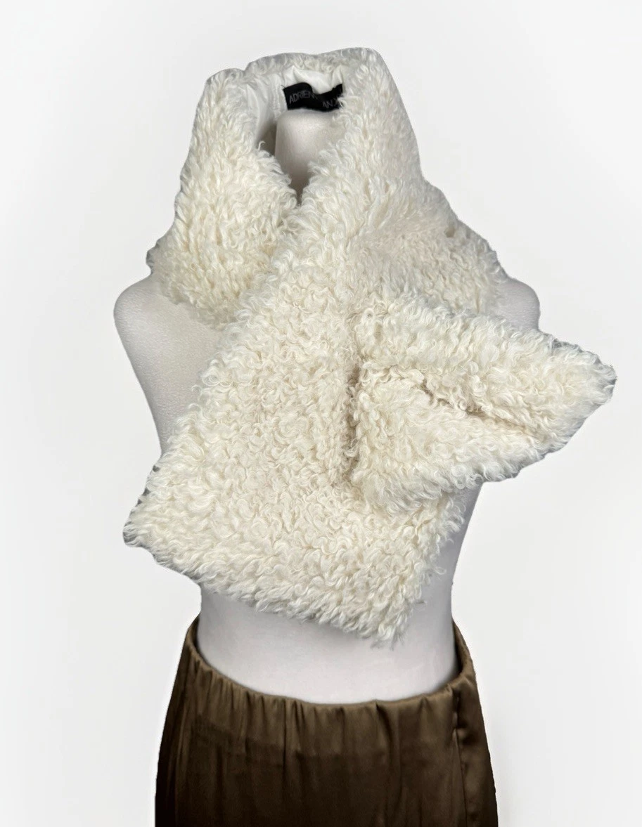 ADRIENNE LANDAU Pull Through Scarf Ivory Shaggy Faux Fur Sheepskin Womens OS