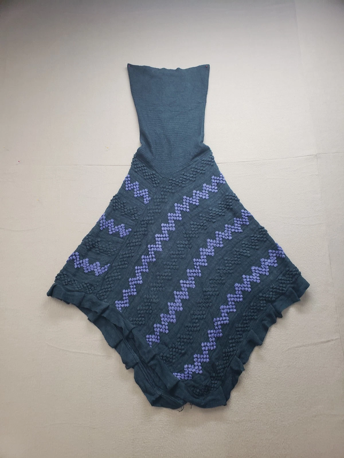 MaxSport Poncho Sweater One Size Dark Blue Zig Zag Knit Cowl Neck Pullover