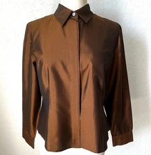 Finity 100% Silk Button Up Shirt Womens 12 Bronze Long Sleeve Dressy Career EUC