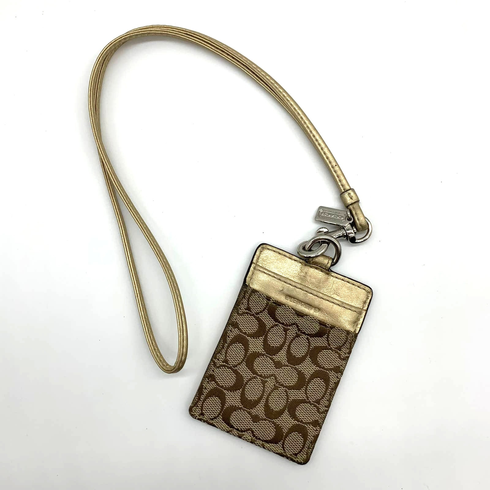 Coach Gold Metallic Card Holder with Keychain Neck Strap-image