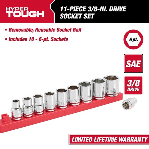 11-Piece 3/8 Inch Drive SAE Socket Set Chrome Vanadium Steel W/ Removable Rail - Picture 4 of 11