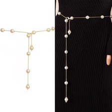 Pearl Waist Belt Adjustable Pearl Waistband Dress Decoration for Women Gold