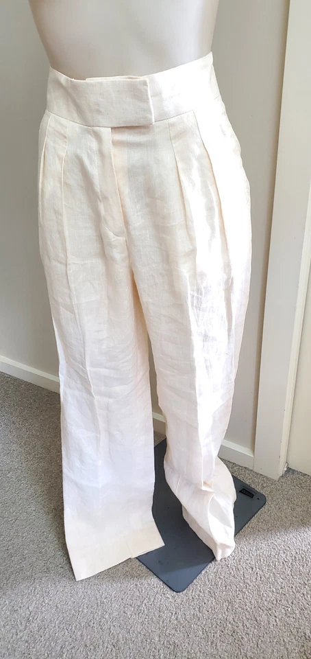 Size 1 or 8 AU Ecru Ivory Linen Pants Tapered Pockets High Waist Peach Neutral