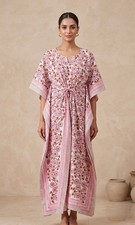 Women’s Ethnic Handblock Printed Kaftan Dress Lightweight Summer Beach Caftan US