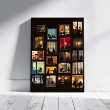 Night Apartment Windows Wall Art Print, Urban City View Silhouette Poster