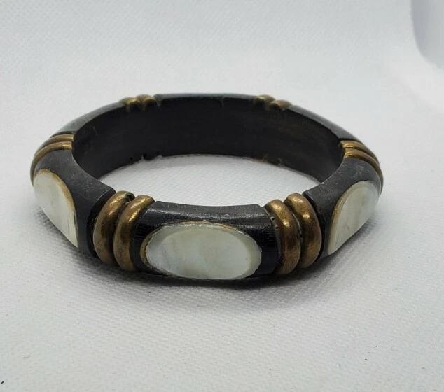 Vintage Buffalo Horn Brass Mother of Pearl MOP Bangle Statement Bracelet! B51