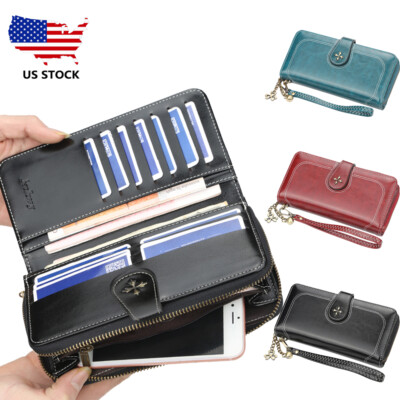 Women's Leather Foldable Zipper Wallet ID Card Holder Purse Phone Bag With Strap