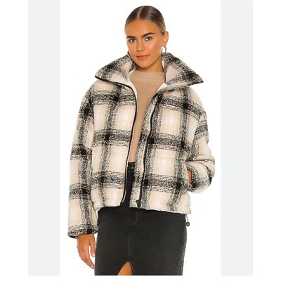 Apparis Marianny Plaid Puffer Coat S Sherpa Faux Fur Lining Black