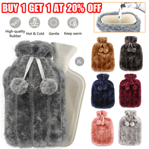 2 Liter Hot Water Natural Rubber Faux Fur Therapy Hot Water Bottle Knitted Cover - Afbeelding 1 van 32