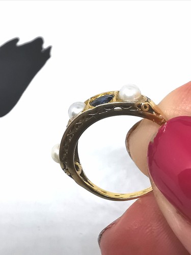 Ancienne BAGUE en or jaune 15 carats 0,50 ct saphir bleu et perle édouardienne (pas 18 carats) - Photo 15/19