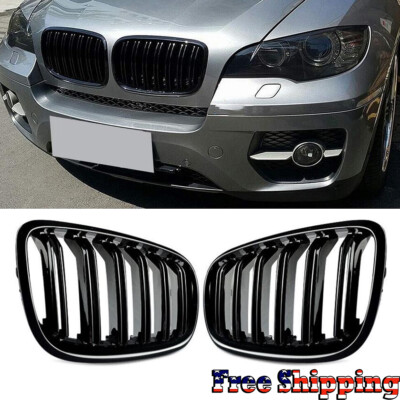 For BMW X5 E70 X6 E71 2007-2013 2X Glossy Black Front Bumper Kidney Grille Grill