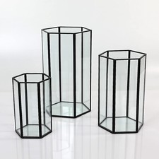 Glass Hurricane Candle Holder, Set of 3 Large Clear Hexagon Lanterns Pillar