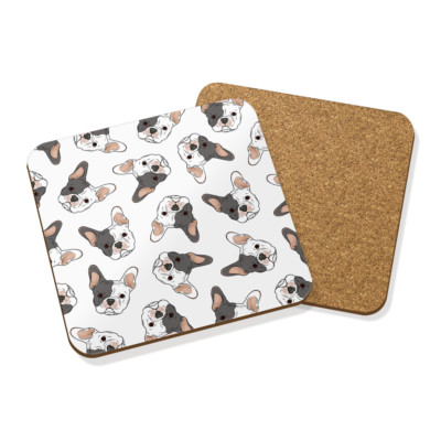 FRENCH BULLDOGS WHITE DRINKS COASTER MAT HARDBOARD SET X4 - Animal Dog Pattern