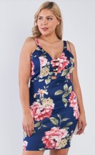 Plus Size Navy Floral Print Cutout Bodycon Dress