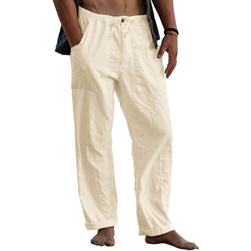 Pantaloni di lino da uomo estate spiaggia sciolti cotone yoga cordino elasticizzato pantaloni - Foto 5 di 16